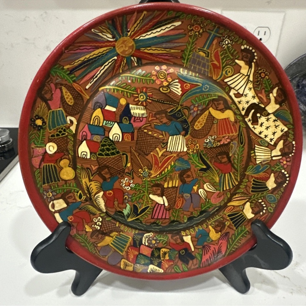 Mexican Folk Art, Story, terracotta Handpainted wall Art Plate 10” Diameter